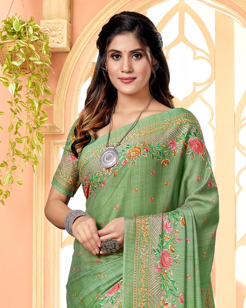 Vishal Prints Moss Green Digital Print Criva Crepe Saree