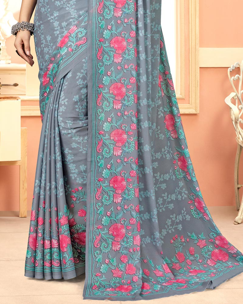 Vishal Prints Cool Grey Digital Print Criva Crepe Saree