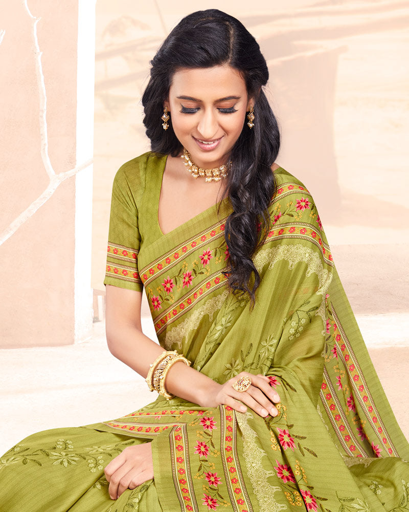 Vishal Prints Mehandi Green Digital Print Criva Crepe Saree
