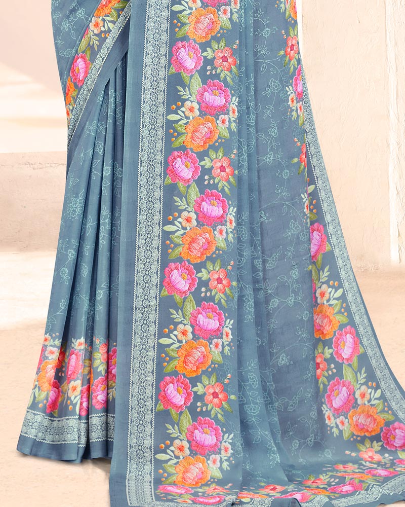 Vishal Prints Cool Grey Digital Print Criva Crepe Saree