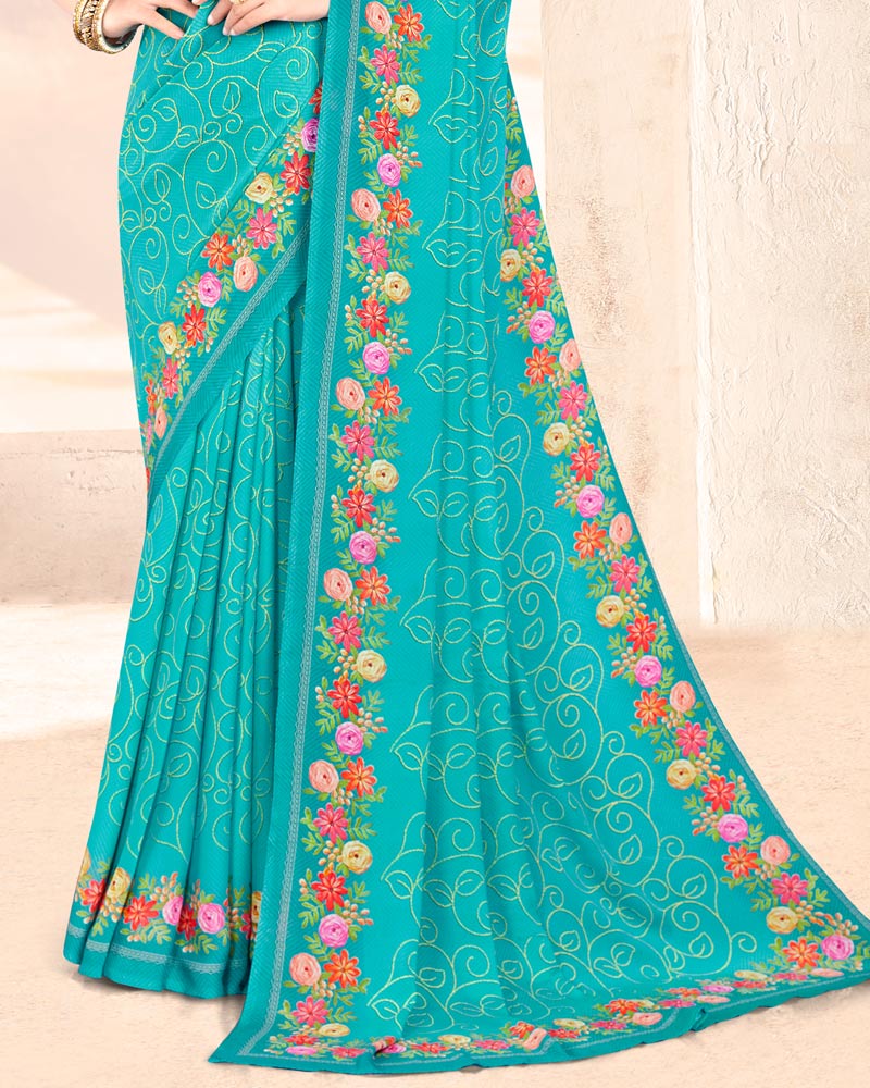 Vishal Prints Dark Turquoise Blue Digital Print Criva Crepe Saree