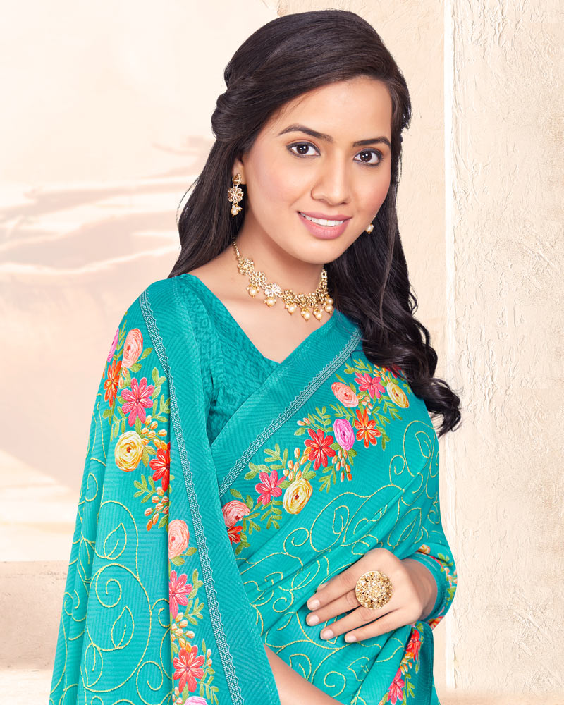 Vishal Prints Dark Turquoise Blue Digital Print Criva Crepe Saree