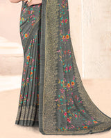 Vishal Prints Dark Grey Digital Print Criva Crepe Saree