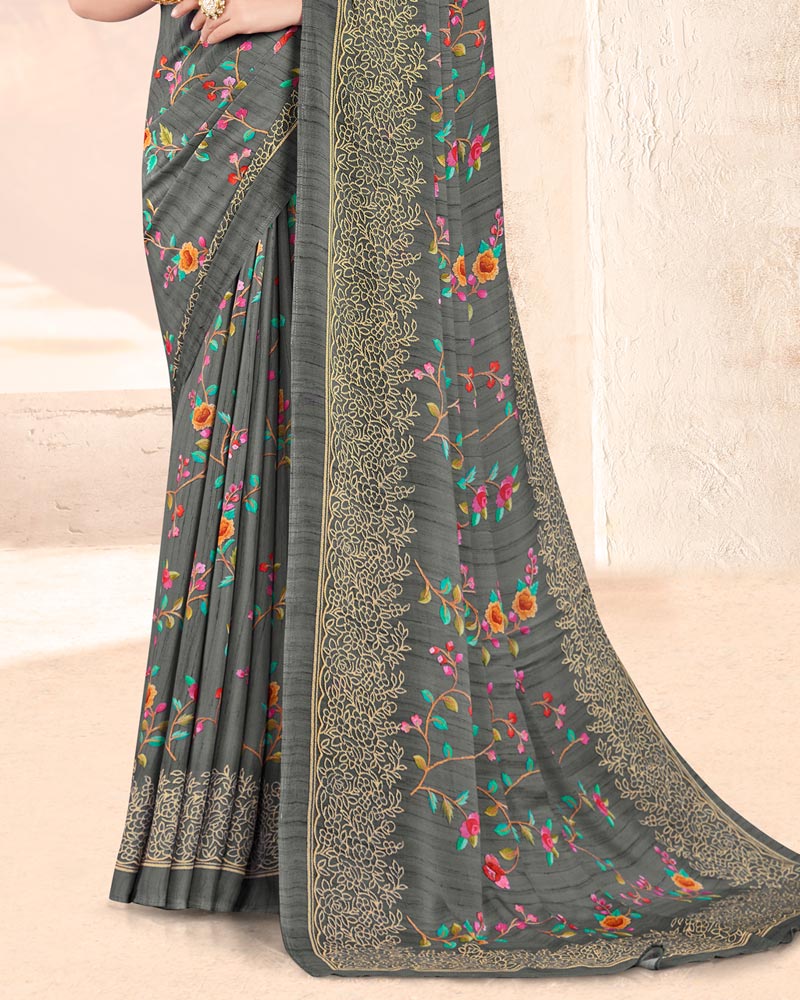 Vishal Prints Dark Grey Digital Print Criva Crepe Saree