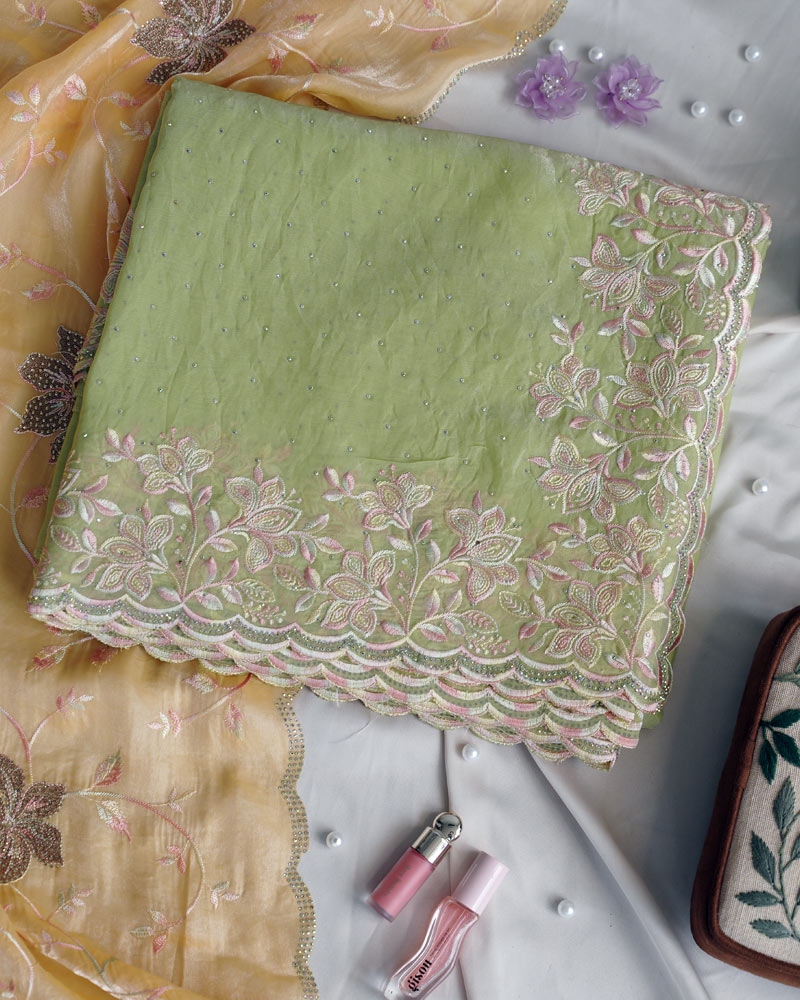 Vishal Prints Pastel Olive Green Designer Fancy Satin Saree With Embroidery-Diamond Work And Cut Work Border