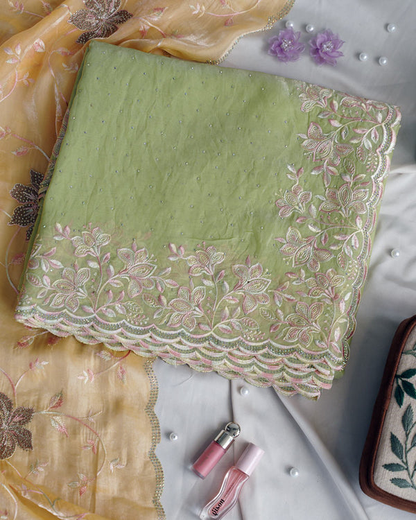 Vishal Prints Pastel Olive Green Designer Fancy Satin Saree With Embroidery-Diamond Work And Cut Work Border