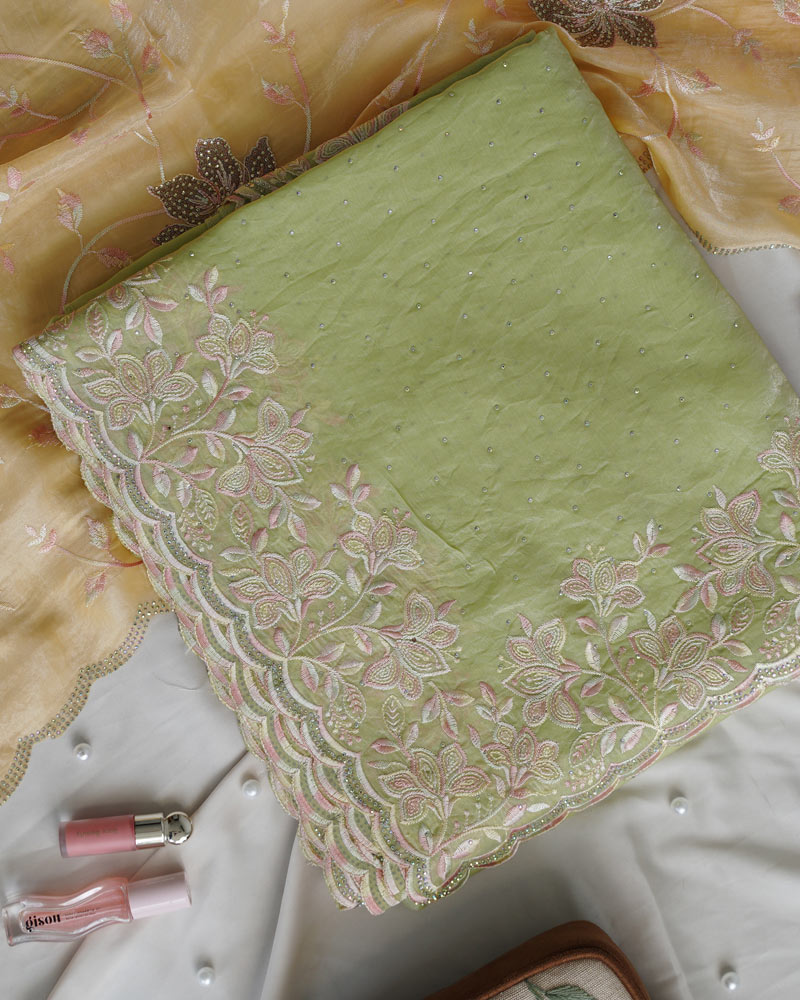 Vishal Prints Pastel Olive Green Designer Fancy Satin Saree With Embroidery-Diamond Work And Cut Work Border