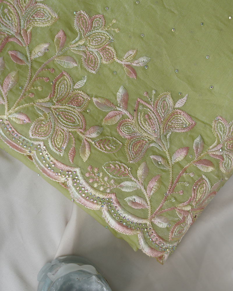 Vishal Prints Pastel Olive Green Designer Fancy Satin Saree With Embroidery-Diamond Work And Cut Work Border