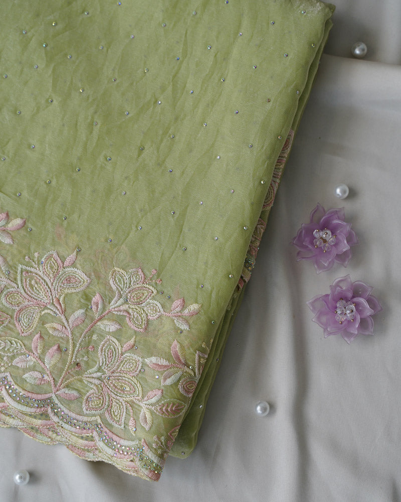 Vishal Prints Pastel Olive Green Designer Fancy Satin Saree With Embroidery-Diamond Work And Cut Work Border
