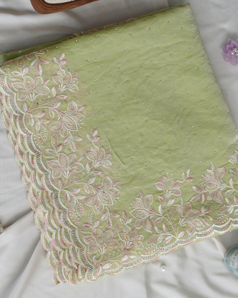 Vishal Prints Pastel Olive Green Designer Fancy Satin Saree With Embroidery-Diamond Work And Cut Work Border