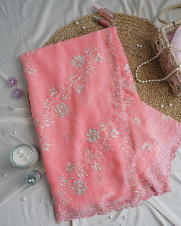 Vishal Prints Salmon Pink Designer Fancy Satin Saree With Embroidery-Diamond Work And Cut Work Border