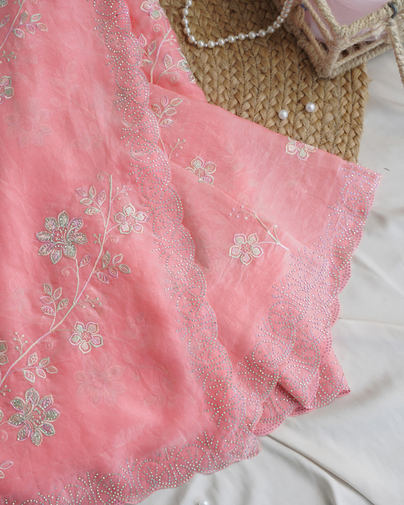 Vishal Prints Salmon Pink Designer Fancy Satin Saree With Embroidery-Diamond Work And Cut Work Border