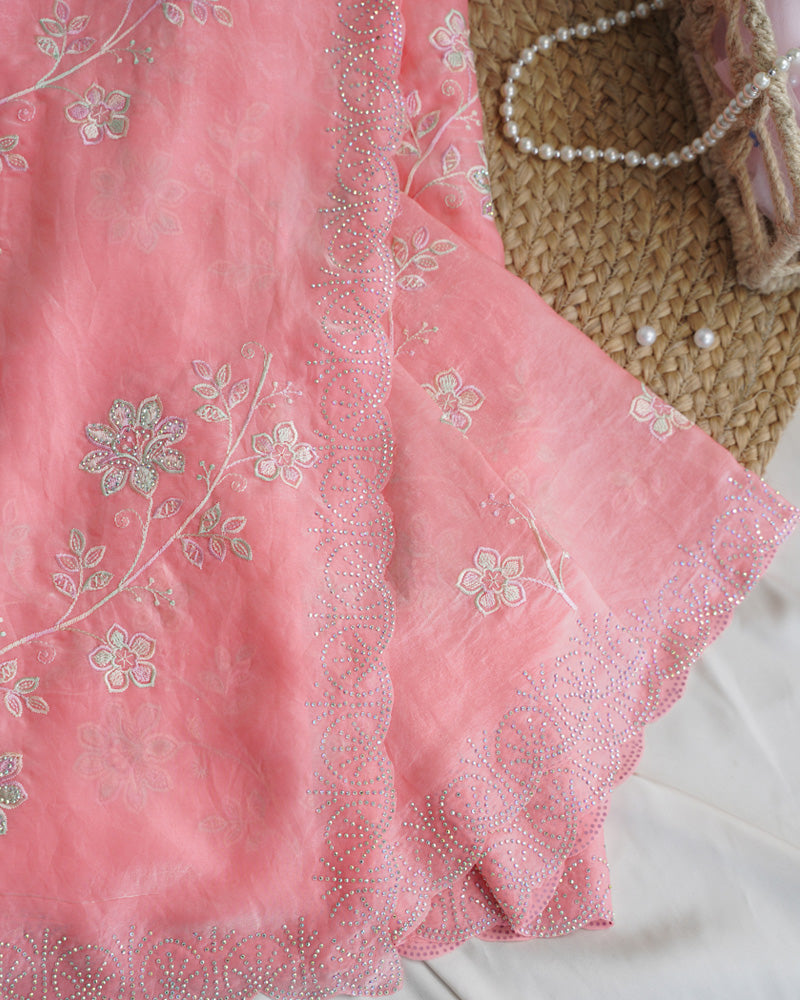 Vishal Prints Salmon Pink Designer Fancy Satin Saree With Embroidery-Diamond Work And Cut Work Border