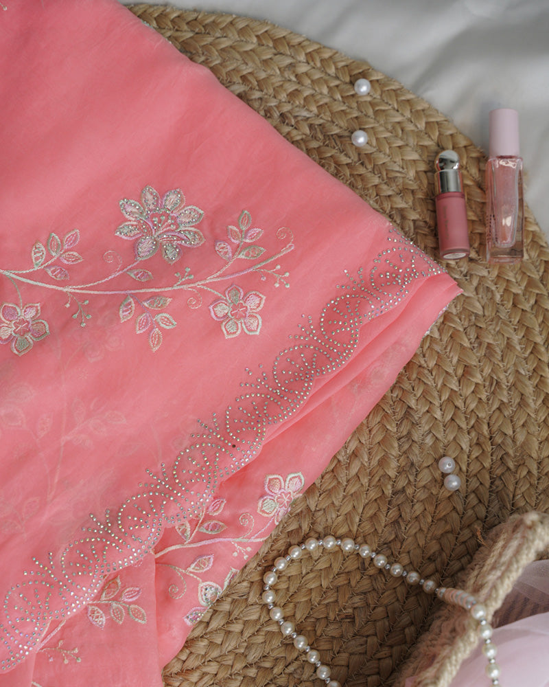 Vishal Prints Salmon Pink Designer Fancy Satin Saree With Embroidery-Diamond Work And Cut Work Border