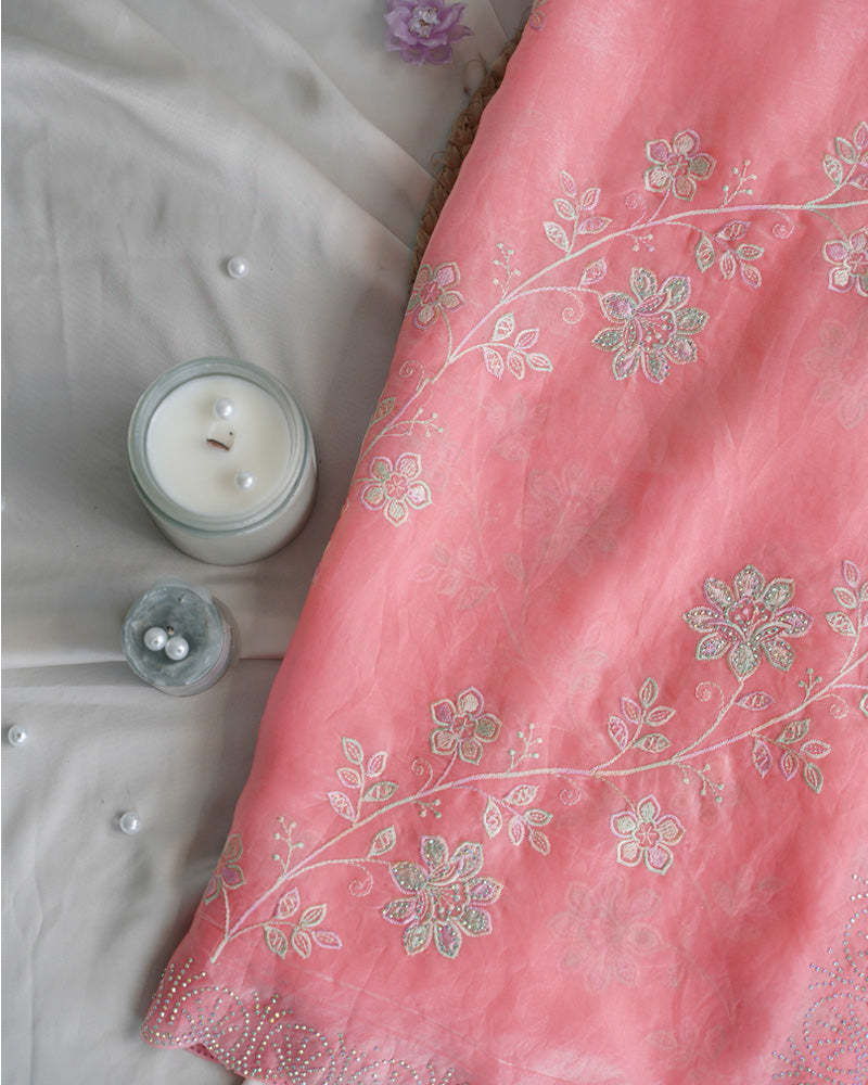 Vishal Prints Salmon Pink Designer Fancy Satin Saree With Embroidery-Diamond Work And Cut Work Border