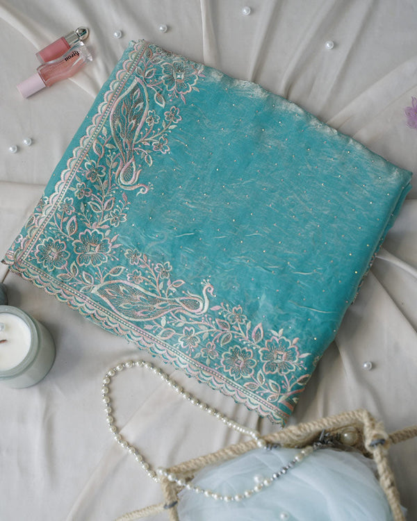 Vishal Prints Ocean Blue Designer Fancy Satin Saree With Embroidery-Diamond Work And Cut Work Border