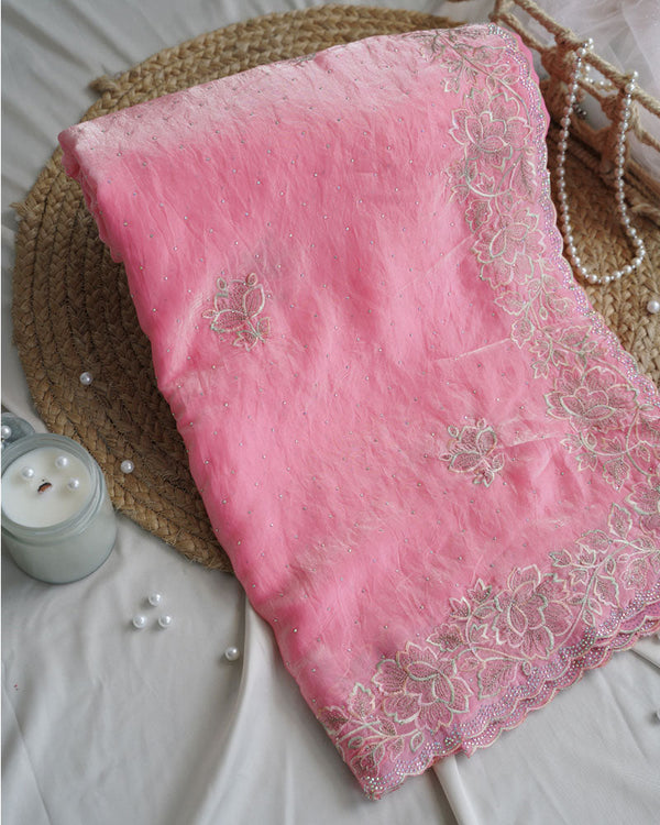 Vishal Prints Blush Pink Designer Fancy Satin Saree With Embroidery-Diamond Work And Cut Work Border