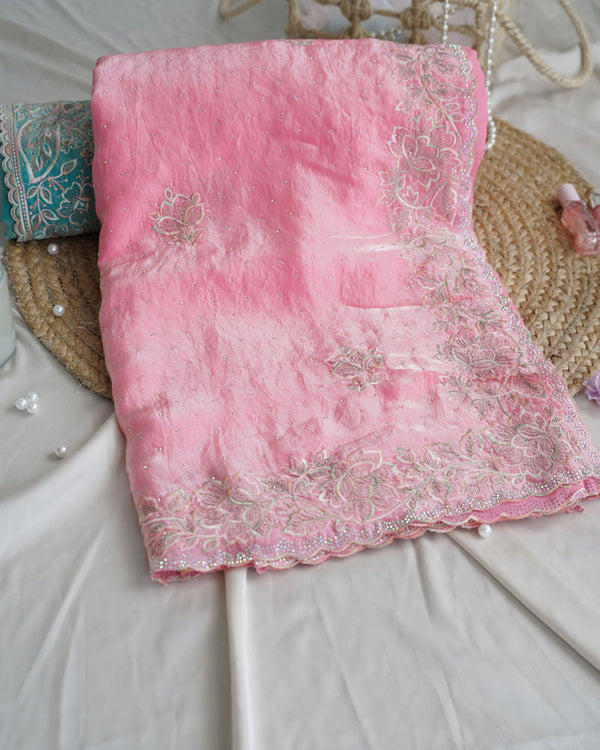 Vishal Prints Blush Pink Designer Fancy Satin Saree With Embroidery-Diamond Work And Cut Work Border