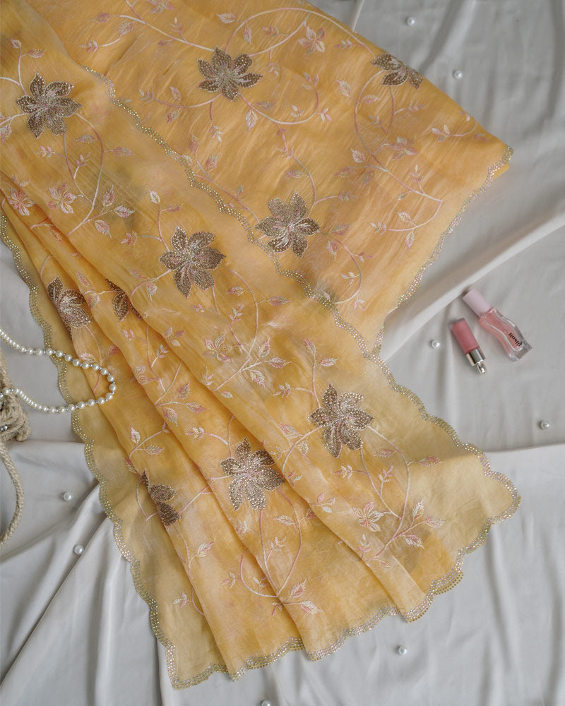 Vishal Prints Pastel Yellow Designer Fancy Satin Saree With Embroidery-Diamond Work And Cut Work Border