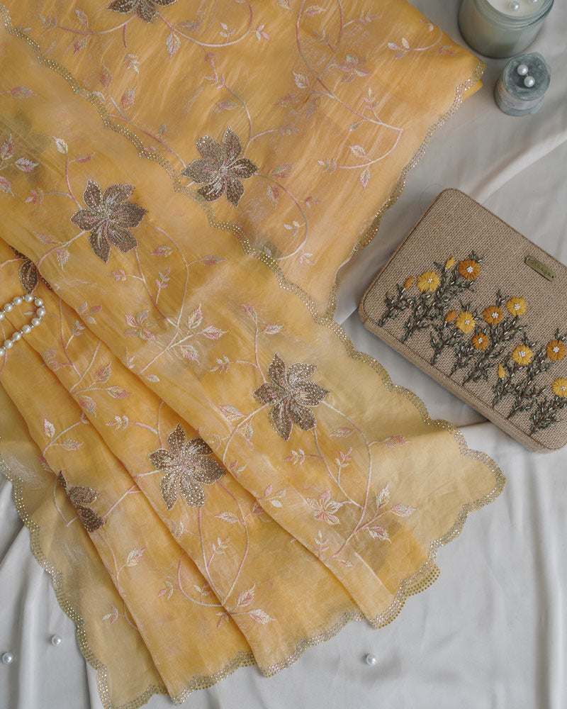 Vishal Prints Pastel Yellow Designer Fancy Satin Saree With Embroidery-Diamond Work And Cut Work Border