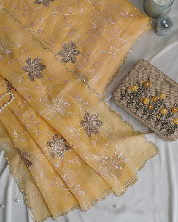 Vishal Prints Pastel Yellow Designer Fancy Satin Saree With Embroidery-Diamond Work And Cut Work Border