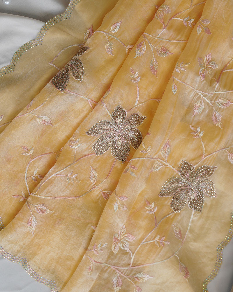 Vishal Prints Pastel Yellow Designer Fancy Satin Saree With Embroidery-Diamond Work And Cut Work Border