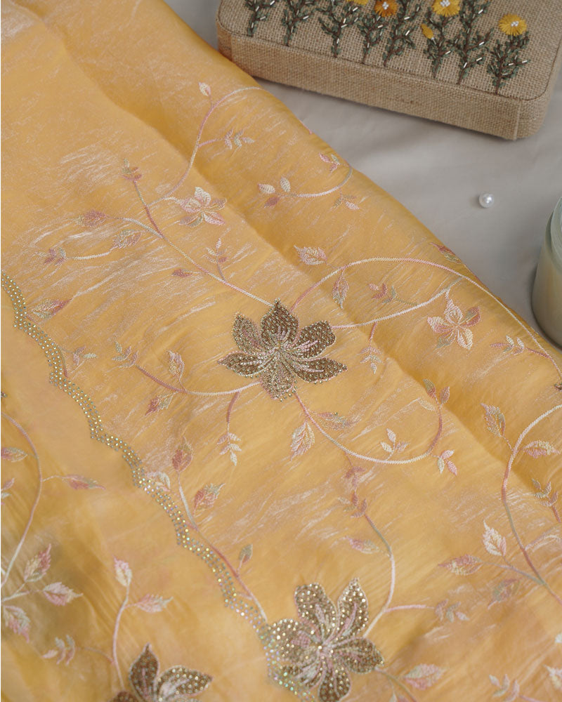 Vishal Prints Pastel Yellow Designer Fancy Satin Saree With Embroidery-Diamond Work And Cut Work Border