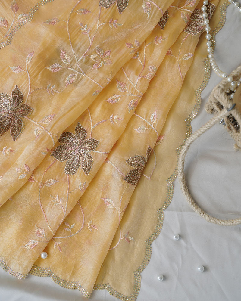 Vishal Prints Pastel Yellow Designer Fancy Satin Saree With Embroidery-Diamond Work And Cut Work Border