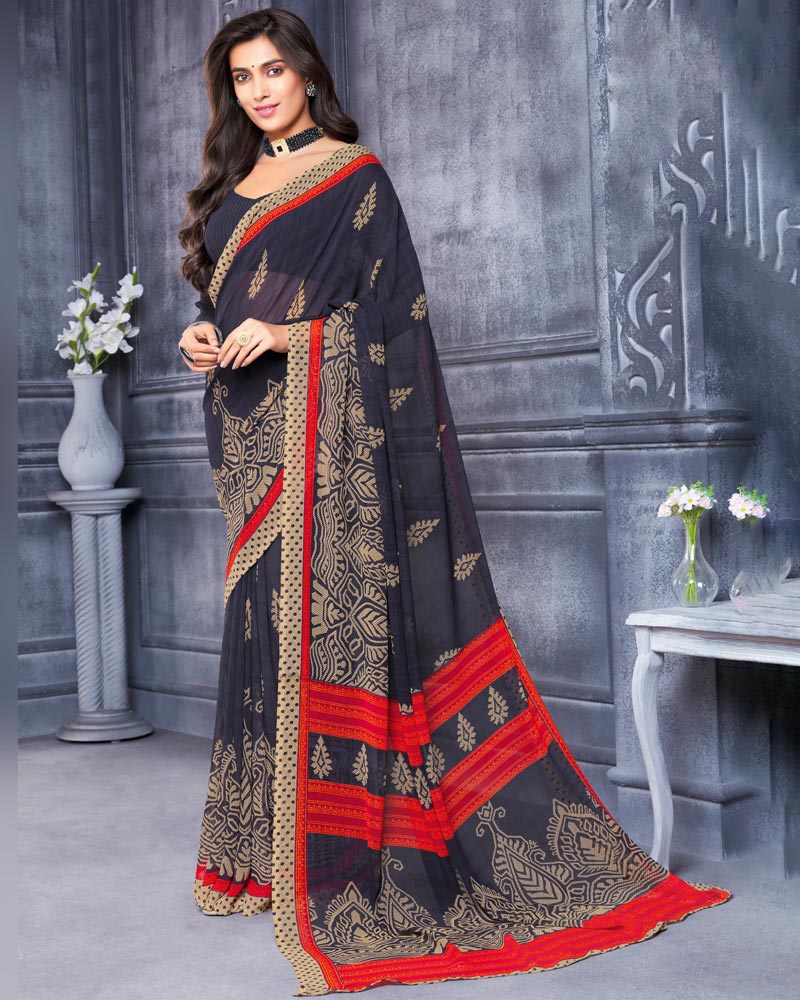 Vishal Prints Dark Grey Printed Georgette Saree