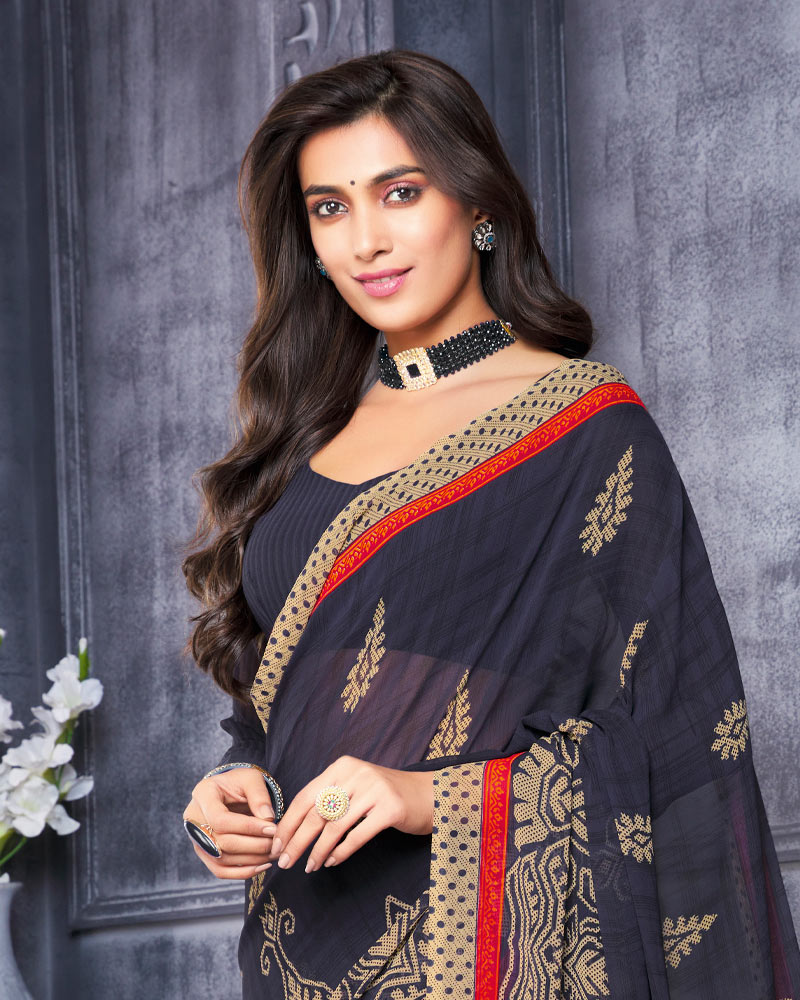 Vishal Prints Dark Grey Printed Georgette Saree