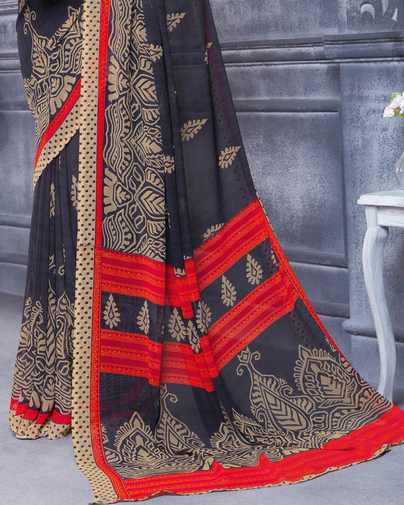 Vishal Prints Dark Grey Printed Georgette Saree