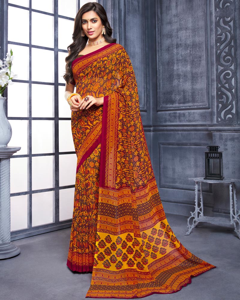 Vishal Prints Orange And Brown Printed Georgette Saree