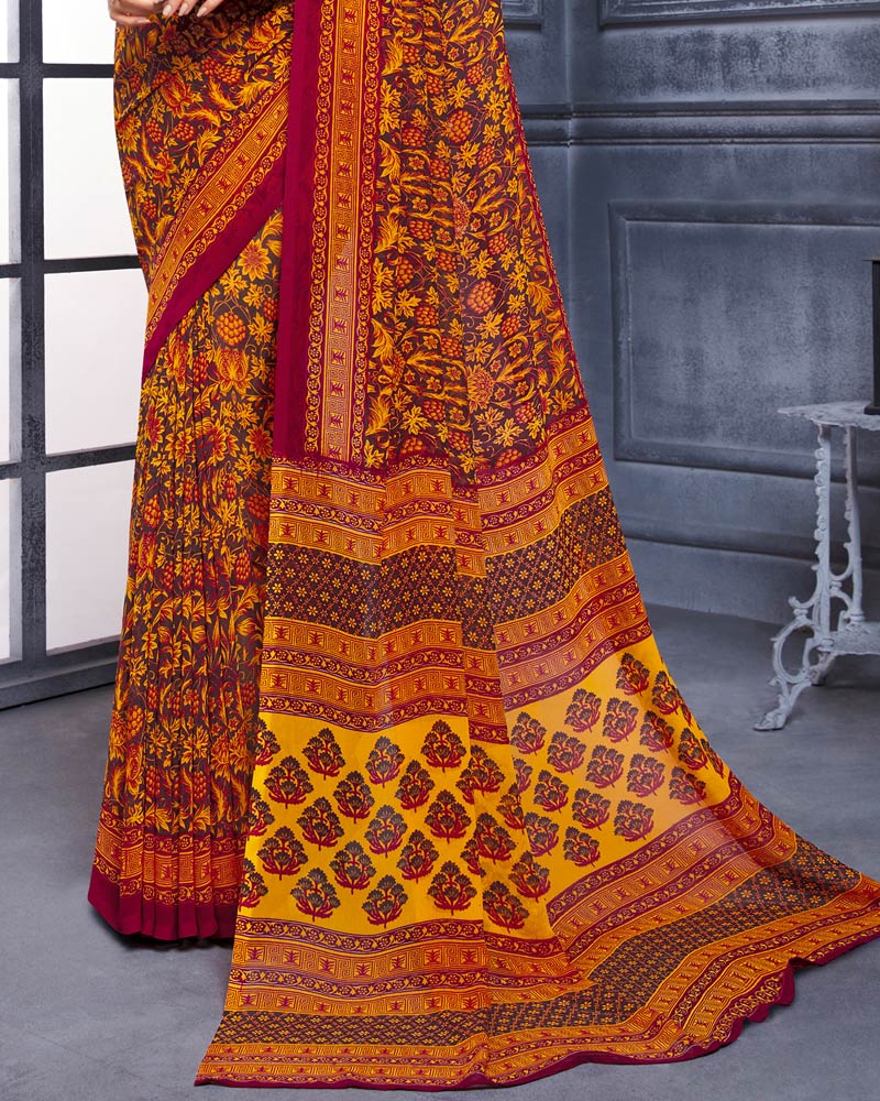 Vishal Prints Orange And Brown Printed Georgette Saree