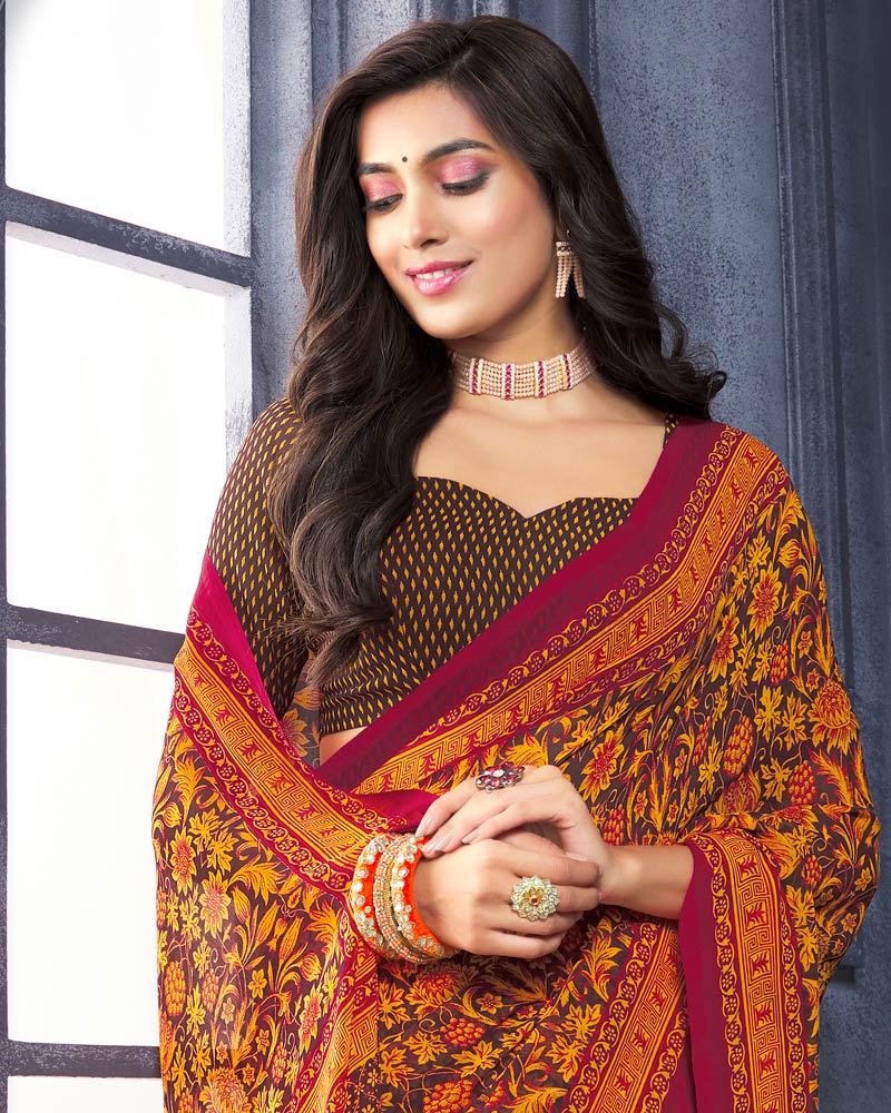 Vishal Prints Orange And Brown Printed Georgette Saree