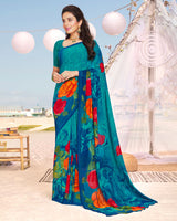 Vishal Prints Teal Blue Printed Georgette Saree