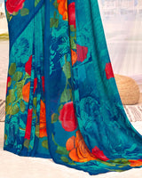 Vishal Prints Teal Blue Printed Georgette Saree