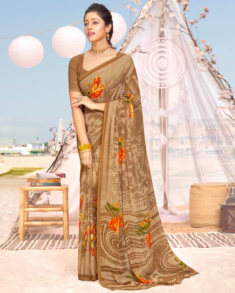 Vishal Prints Dark Beige Printed Georgette Saree