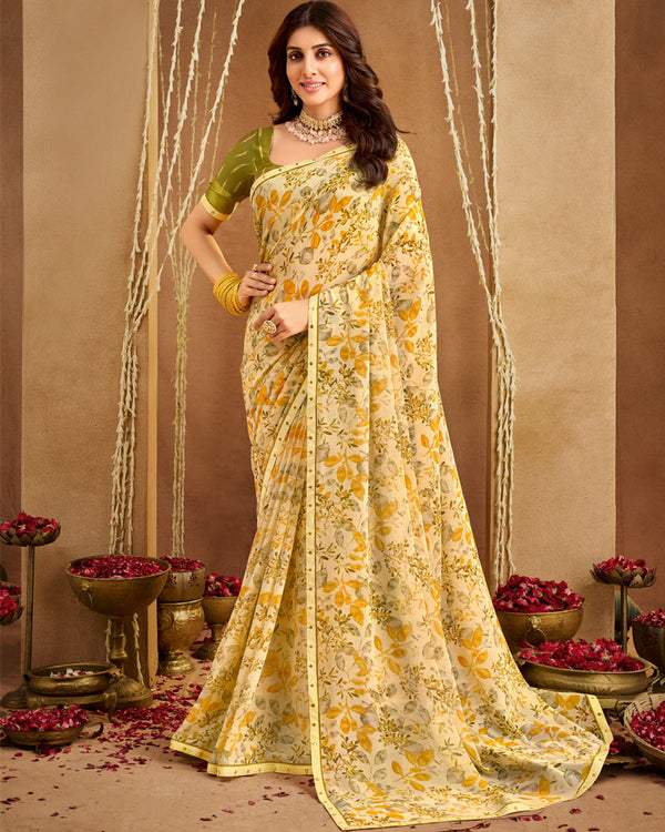 Vishal Prints Pastel Yellow Printed Georgette Saree With Fancy Border