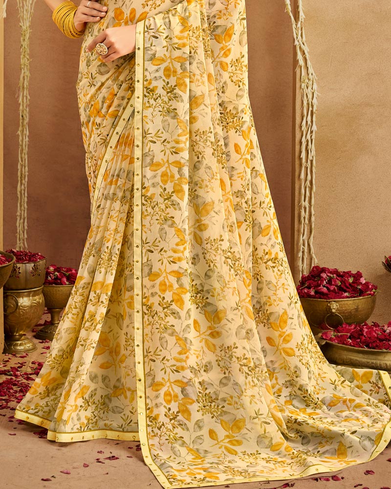 Vishal Prints Pastel Yellow Printed Georgette Saree With Fancy Border