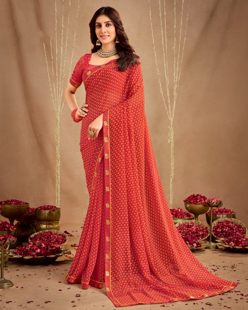 Vishal Prints Persian Red Printed Georgette Saree With Fancy Border