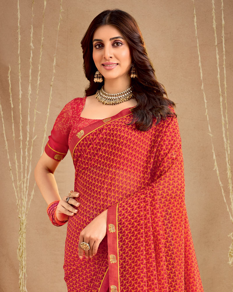 Vishal Prints Persian Red Printed Georgette Saree With Fancy Border