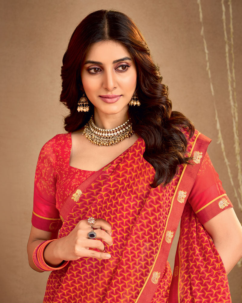 Vishal Prints Persian Red Printed Georgette Saree With Fancy Border