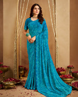 Vishal Prints Ocean Blue Printed Georgette Saree With Fancy Border