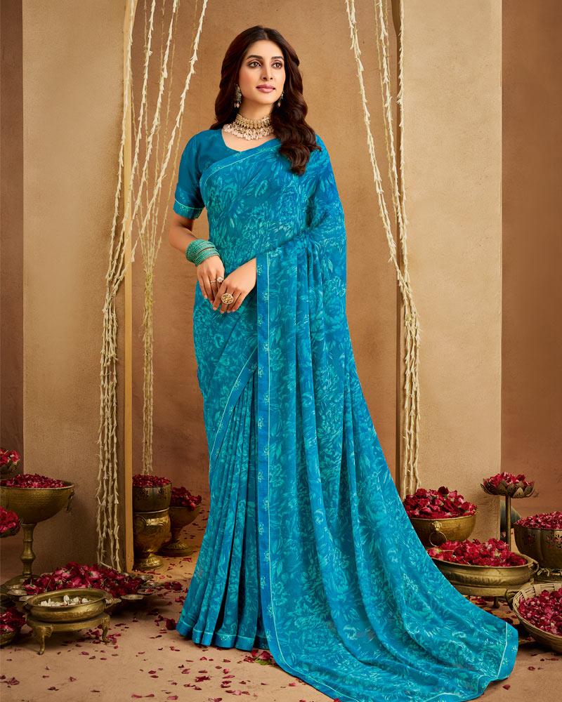 Vishal Prints Ocean Blue Printed Georgette Saree With Fancy Border