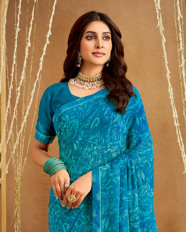 Vishal Prints Ocean Blue Printed Georgette Saree With Fancy Border