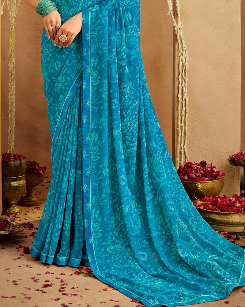 Vishal Prints Ocean Blue Printed Georgette Saree With Fancy Border