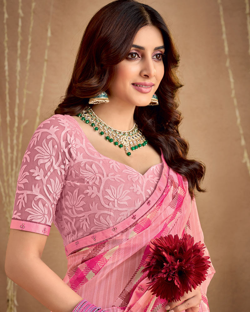 Vishal Prints Flamingo Pink Printed Georgette Saree With Fancy Border