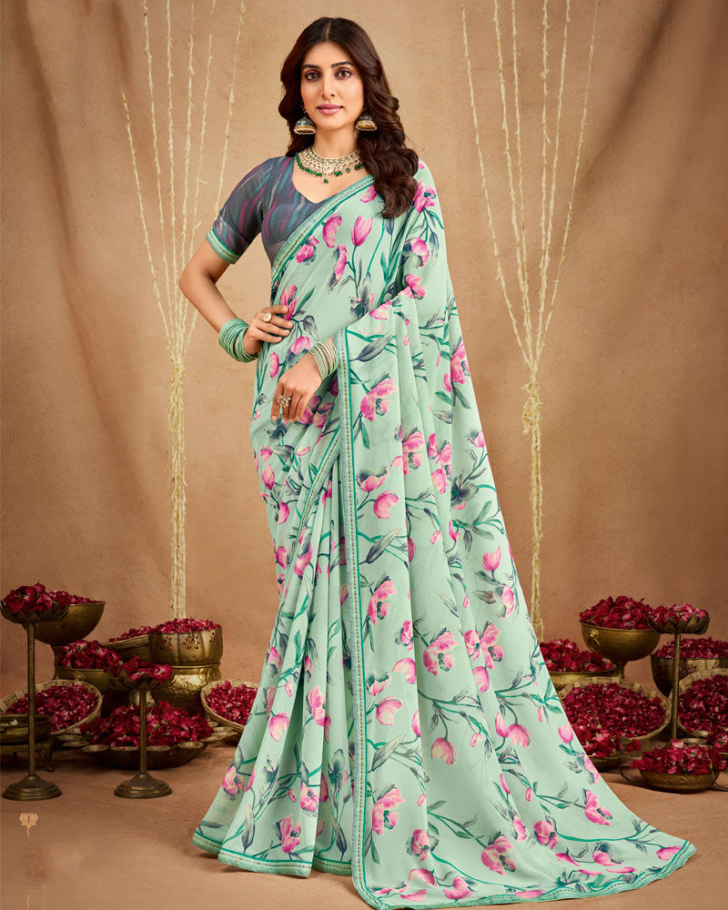 Vishal Prints Mist Green Printed Georgette Saree With Fancy Border