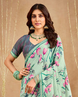 Vishal Prints Mist Green Printed Georgette Saree With Fancy Border