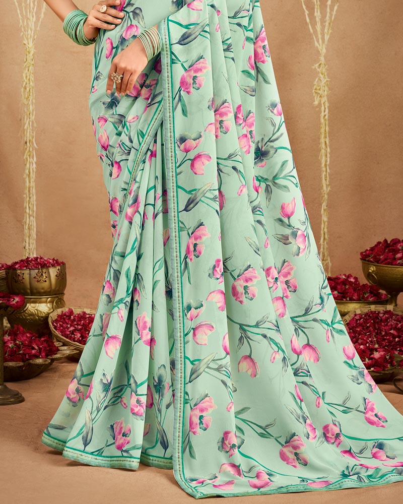 Vishal Prints Mist Green Printed Georgette Saree With Fancy Border